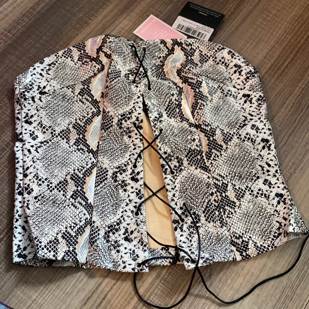 Cream Snake Printed PU Lace Up Detail